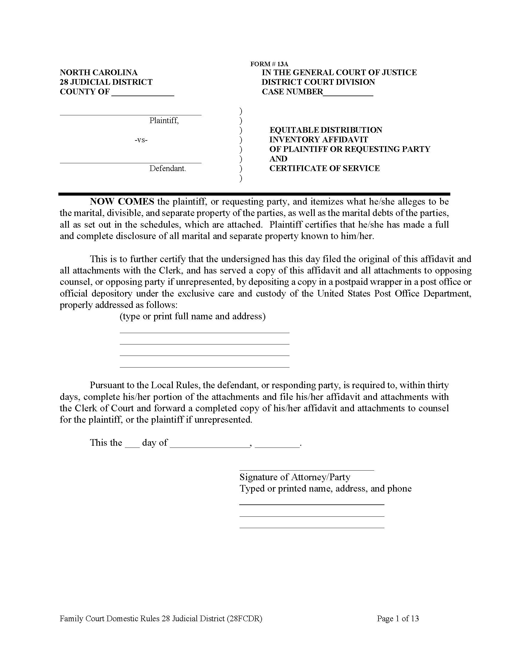 Equitable Distribution Inventory Affidavit Of Plaintiff Or Requesting Party  {13} | Pdf Fpdf Docx | North Carolina