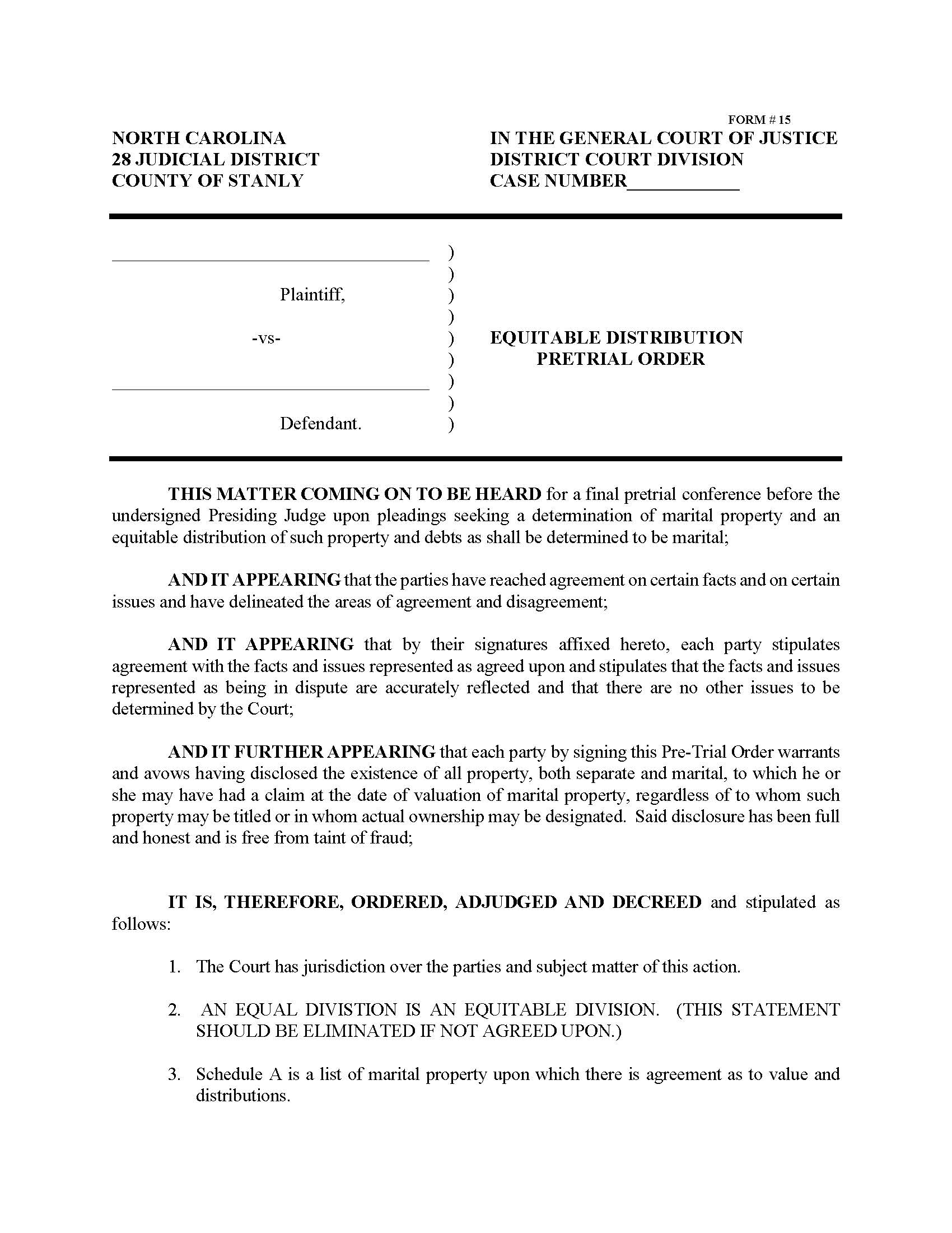 Equitable Distribution Pretrial Order {15} | Pdf Fpdf Docx | North Carolina