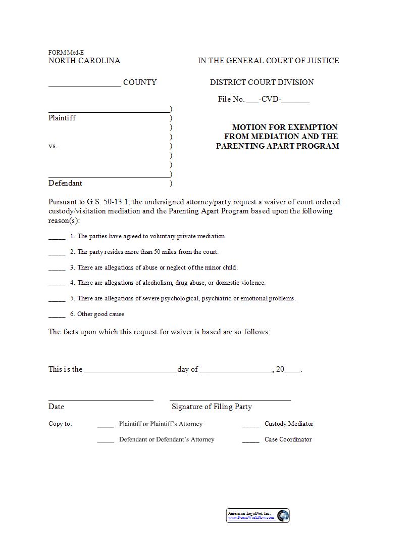 Motion For Exemption From Mediation And The Parenting Apart Program {Form Med-E} | Pdf Fpdf Docx | North Carolina