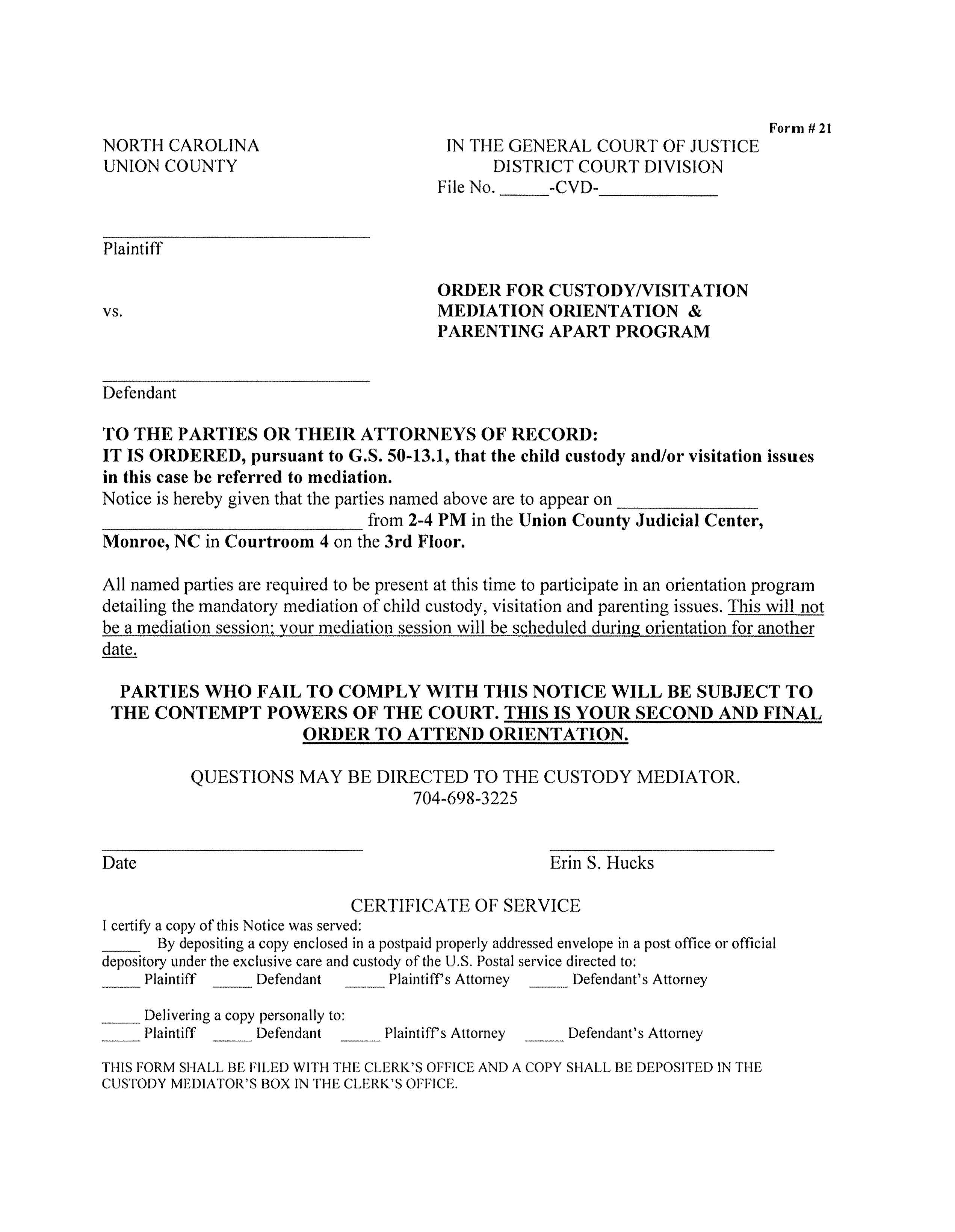 Order For Custody Visitation Mediation Orientation And Parenting Apart Program {21} | Pdf Fpdf Doc Docx | North Carolina