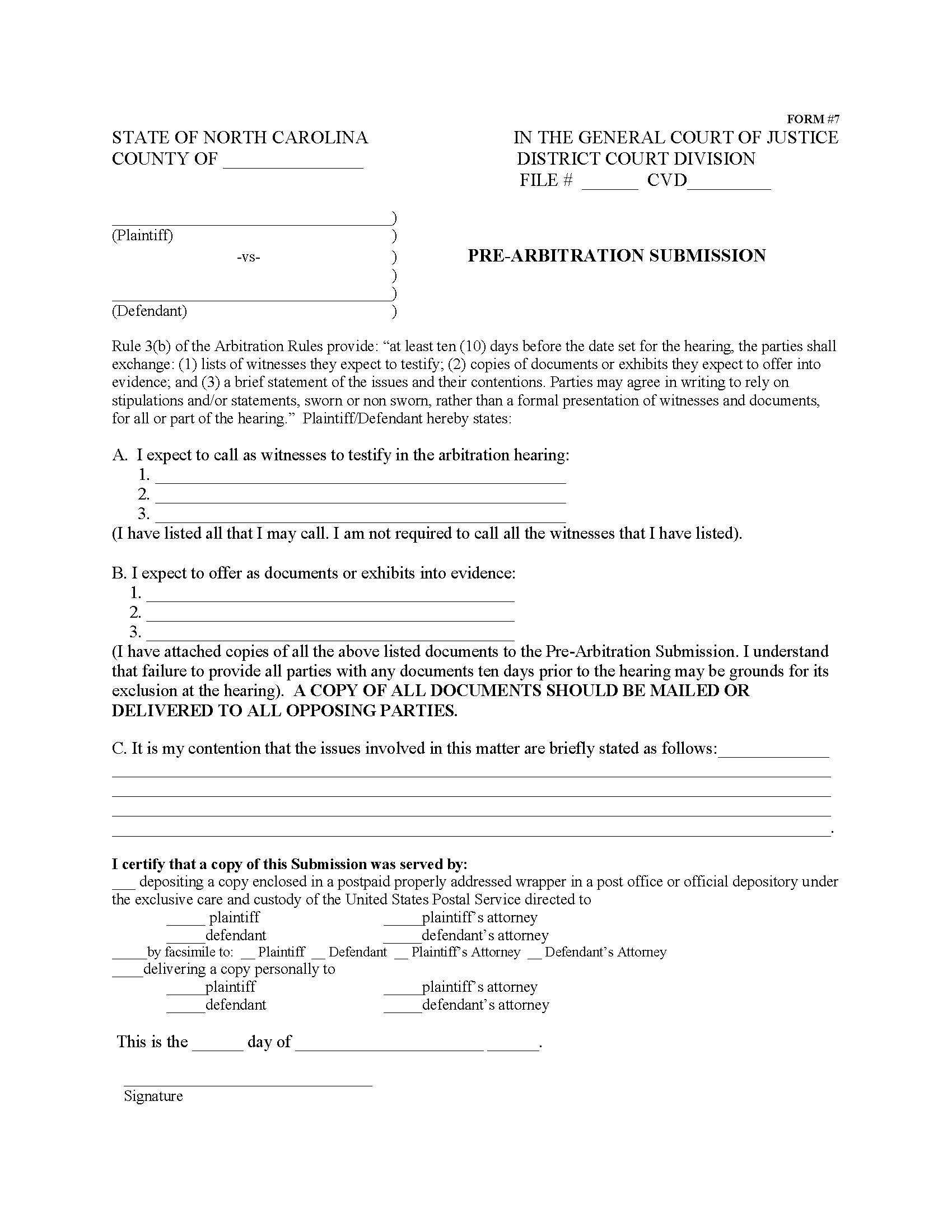 Pre-Arbitration Submission {7} | Pdf Fpdf Doc Docx | North Carolina