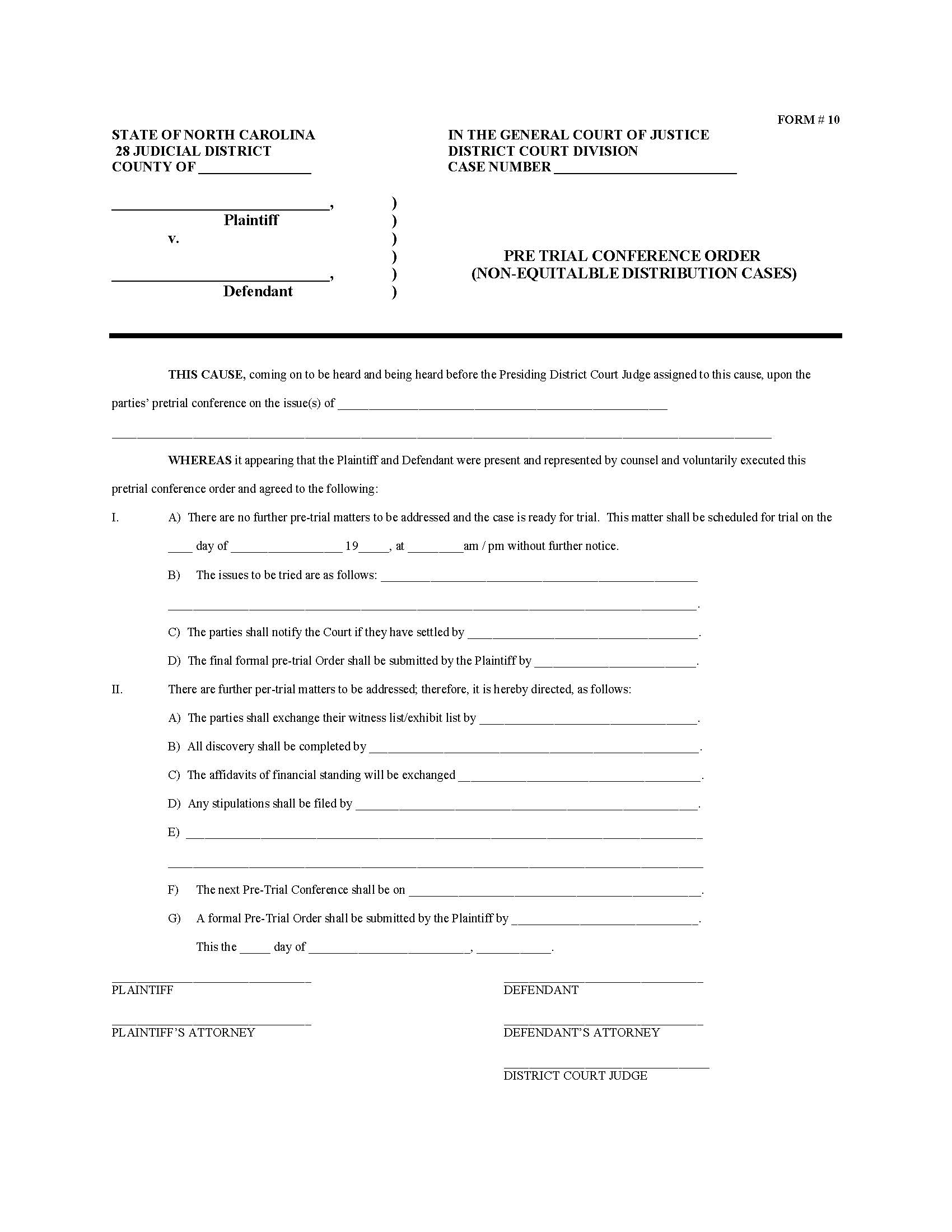 Pre-Trial Conference Order (Non-Equitable Distribution Cases) {10} | Pdf Fpdf Docx | North Carolina