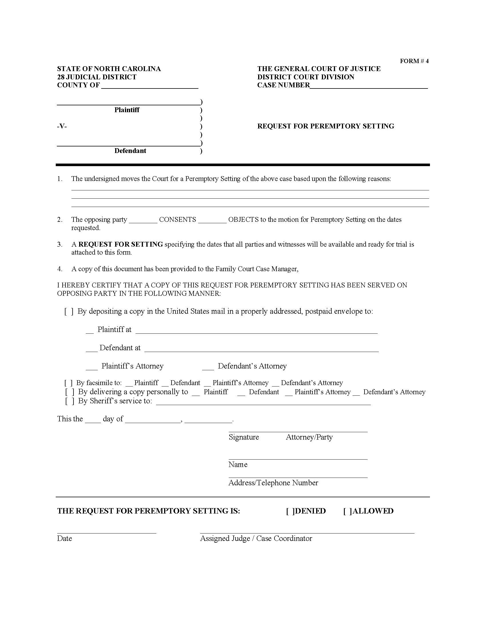 Request For Peremptory Setting {4} | Pdf Fpdf Doc Docx | North Carolina
