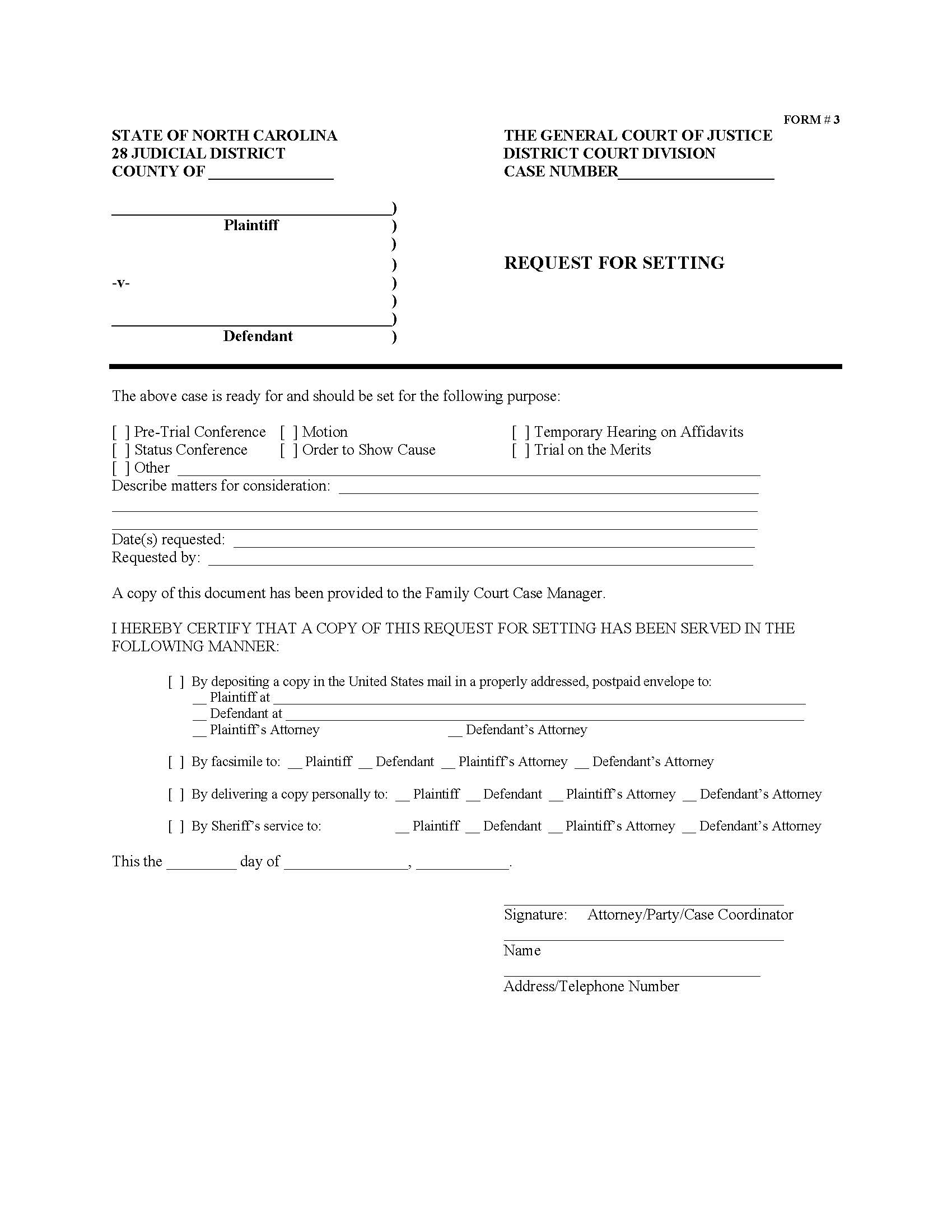 Request For Setting {3} | Pdf Fpdf Doc Docx | North Carolina