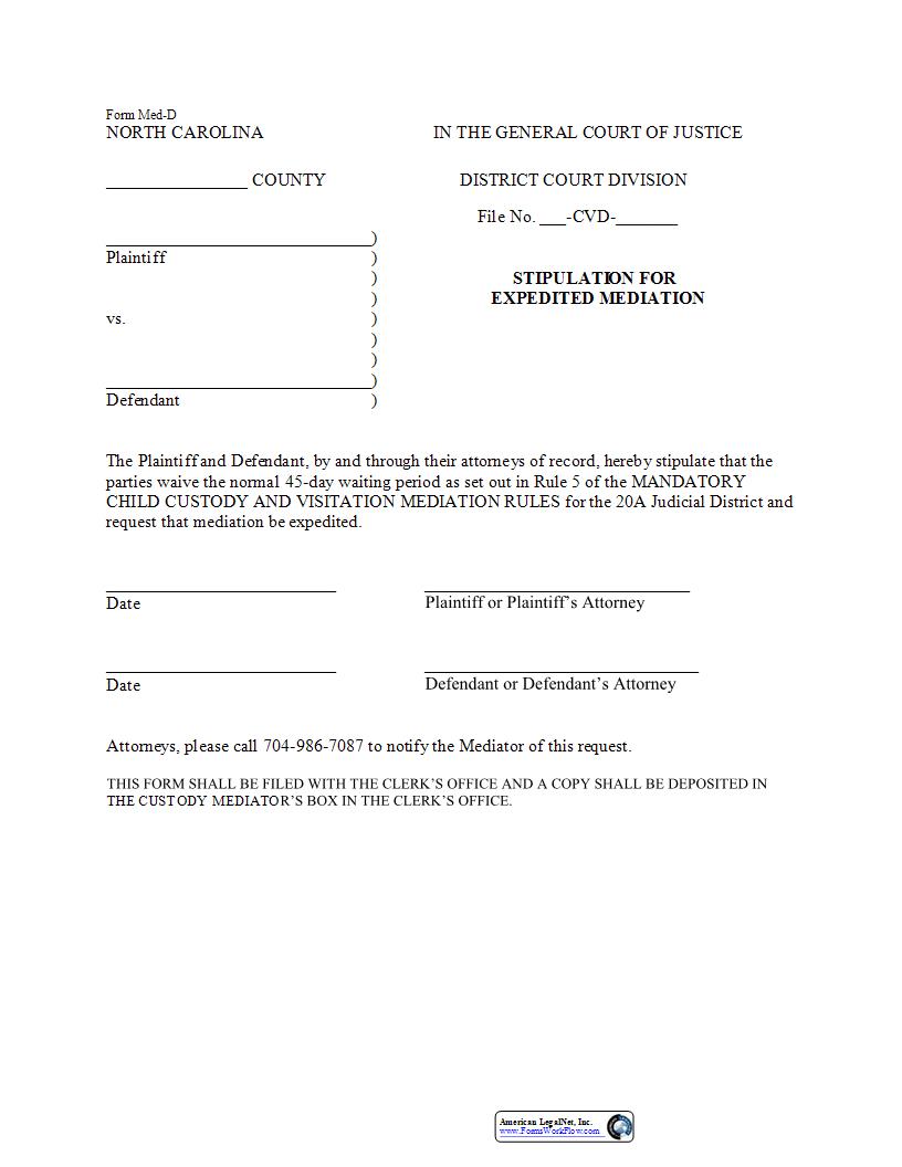 Stipulation For Expedited Mediation {Form Med-D} | Pdf Fpdf Docx | North Carolina