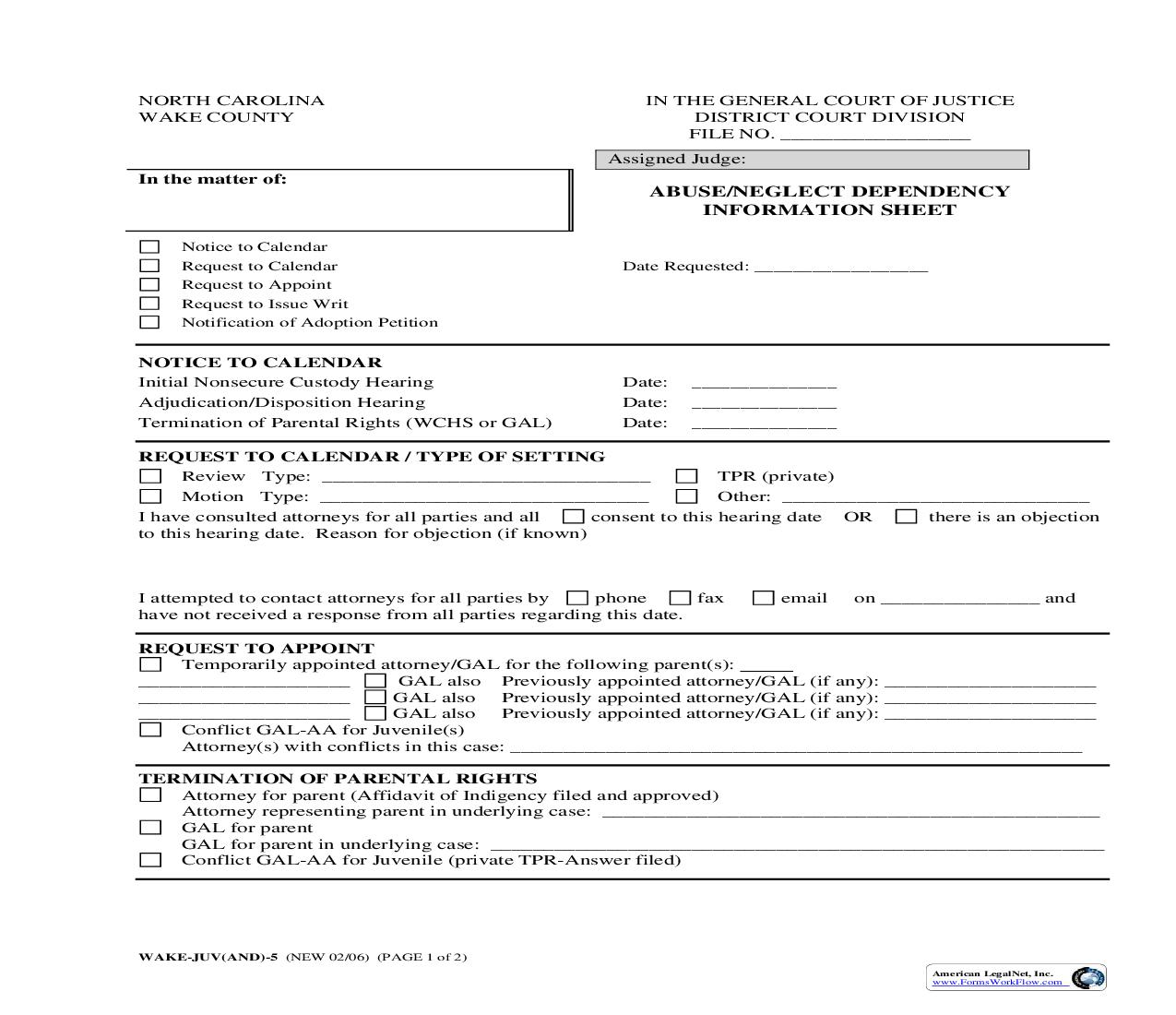 Abuse Neglect Dependency Information Sheet {WAKE-JUV-05} | Pdf Fpdf Doc Docx | North Carolina