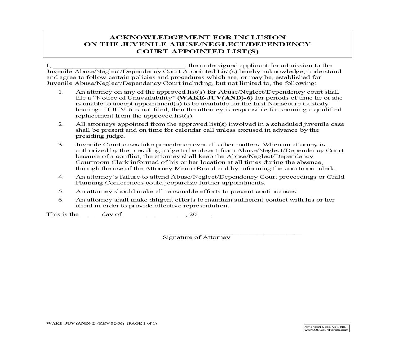 Acknowledgement For Inclusion On The Juvenile Abuse Neglect Dependency Court Appointed List(s) {WAKE-JUV-02} | Pdf Fpdf Doc Docx | North Carolina