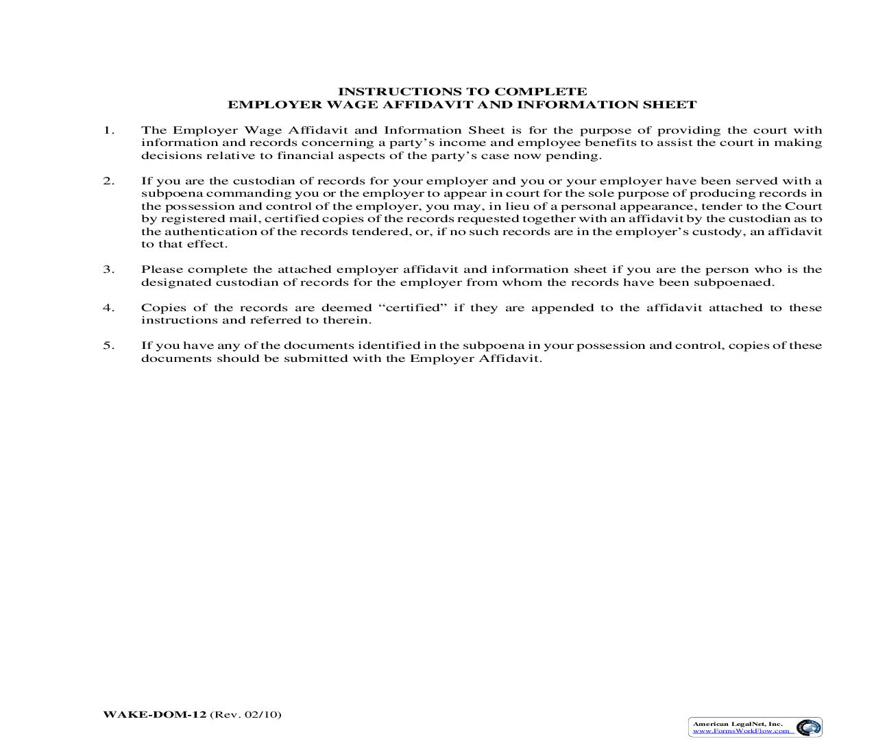 Affidavit (Employer Wage Affidavit) {WAKE-DOM-12} | Pdf Fpdf Doc Docx | North Carolina