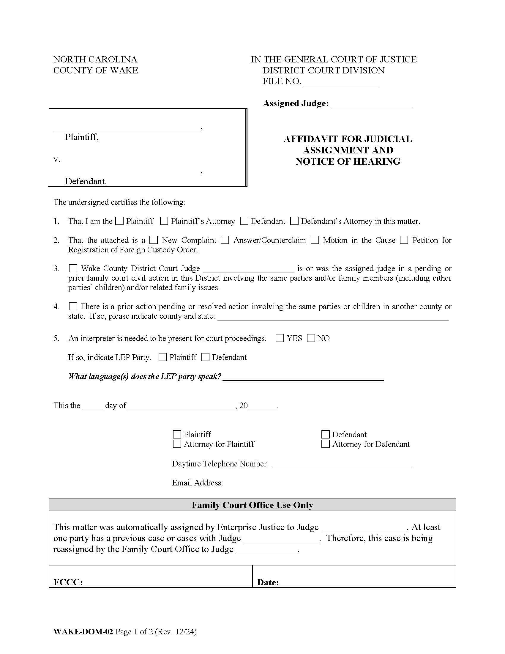 Affidavit Of Judicial Assignment And Notice Of Hearing {WAKE-DOM-02} | Pdf Fpdf Docx | North Carolina