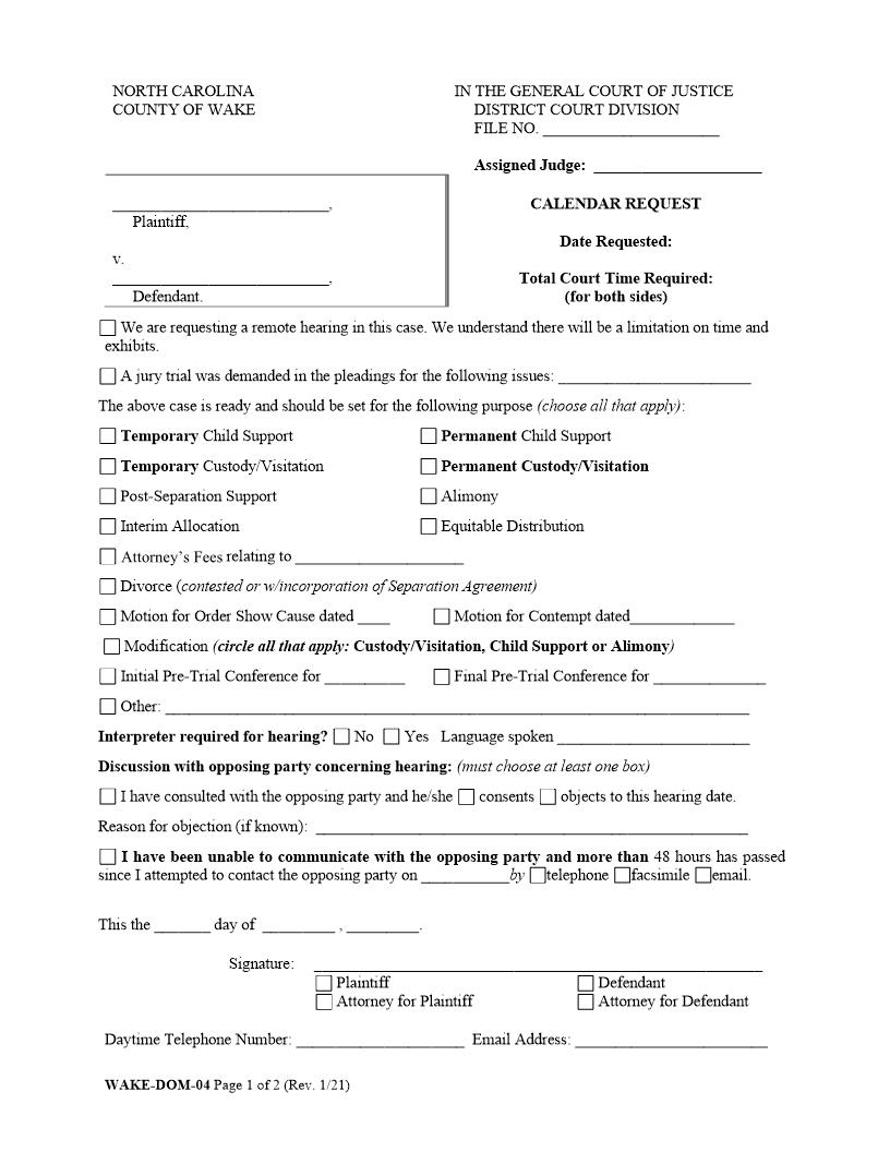 Calendar Request {WAKE-DOM-04} | Pdf Fpdf Doc Docx | North Carolina