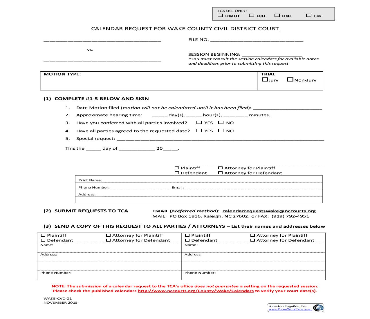 Calendar Request (District Court) {WAKE-CVD-01} | Pdf Fpdf Doc Docx | North Carolina