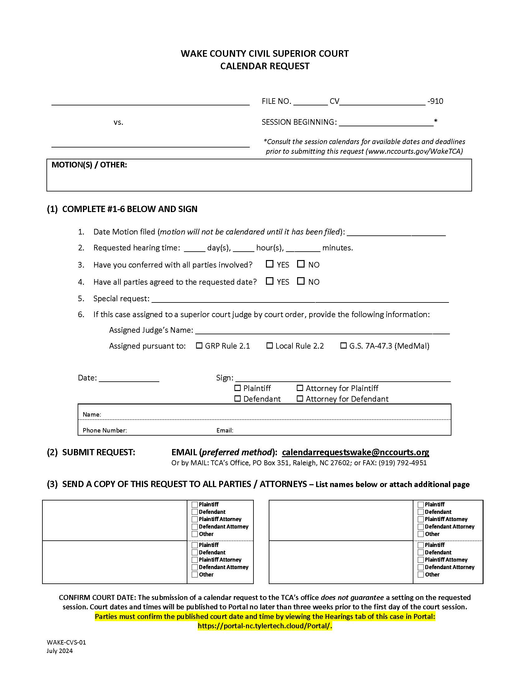 Calendar Request (Superior Court) {WAKE-CVS-01} | Pdf Fpdf Doc Docx | North Carolina