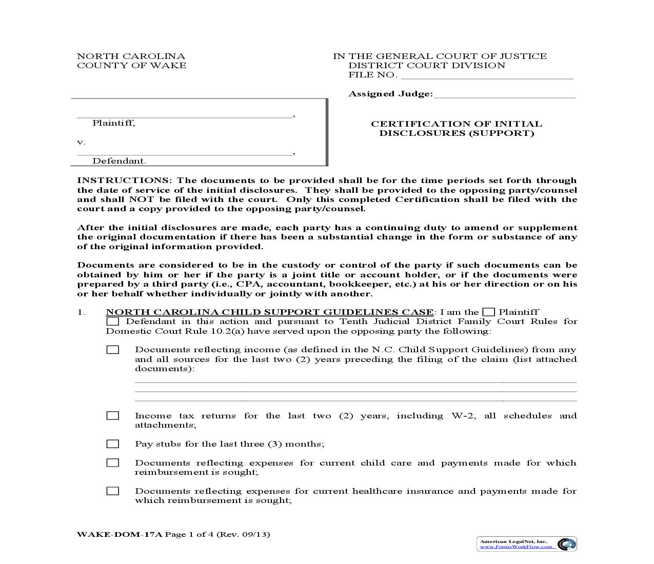 Certification Of Initial Disclosure (Support) {WAKE-DOM-17a} | Pdf Fpdf Doc Docx | North Carolina