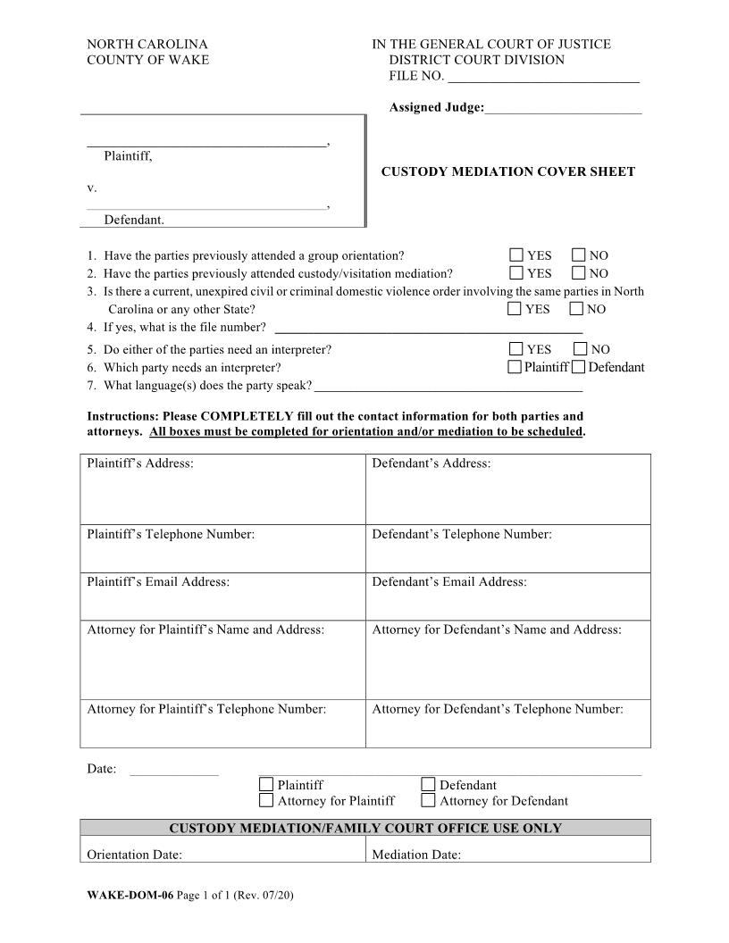 Custody Mediation Cover Sheet {WAKE-DOM-06} | Pdf Fpdf Doc Docx | North Carolina
