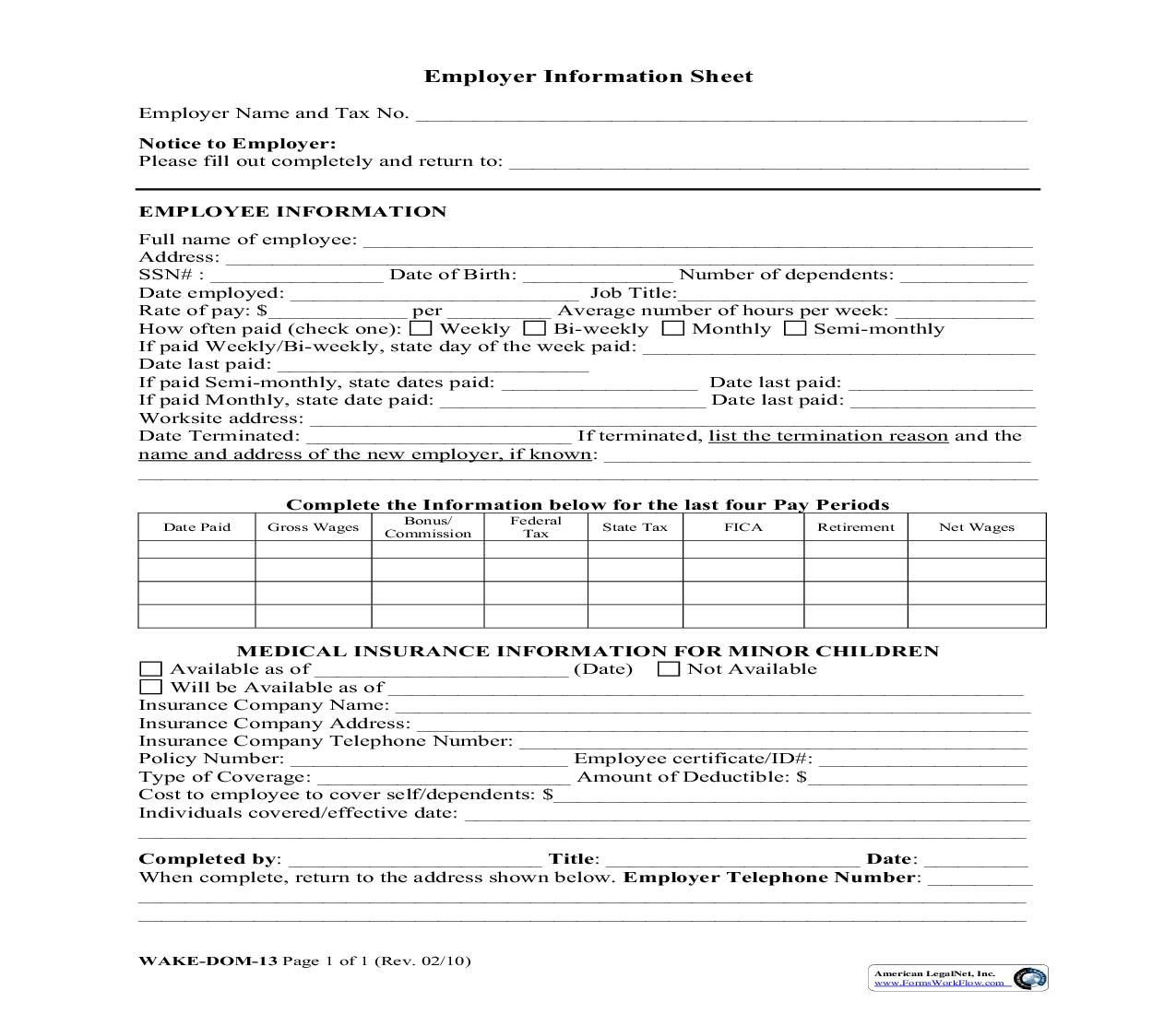 Employer Information Sheet {WAKE-DOM-13} | Pdf Fpdf Doc Docx | North Carolina