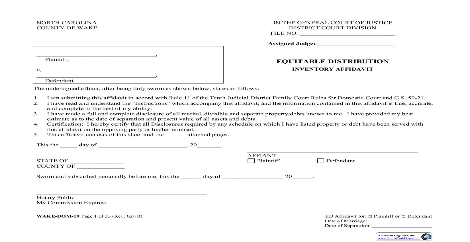 Equitable Distribution Inventory Affidavit {WAKE-DOM-19} | Pdf Fpdf Doc Docx | North Carolina