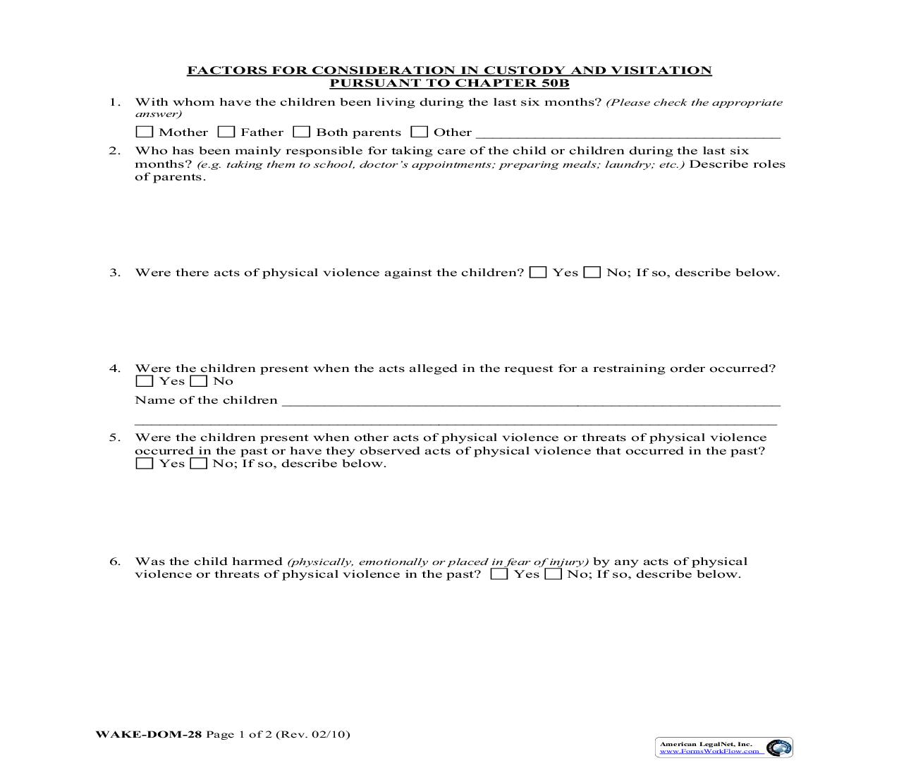 Factors For Consideration In Custody And Visitation {WAKE-DOM-28} | Pdf Fpdf Doc Docx | North Carolina