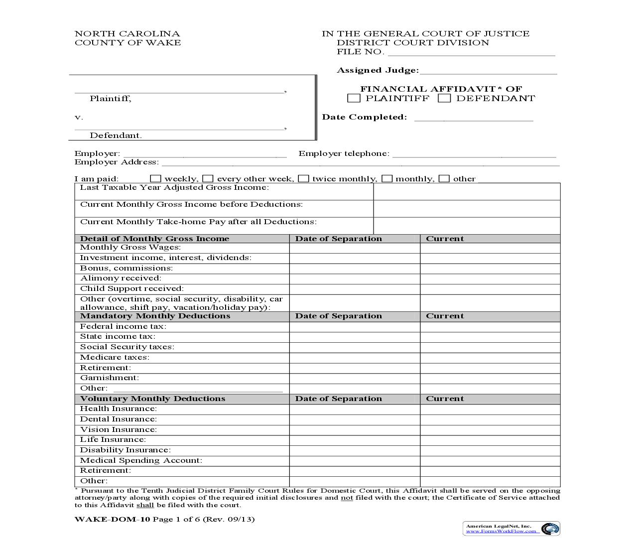 Financial Affidavit {WAKE-DOM-10} | Pdf Fpdf Doc Docx | North Carolina