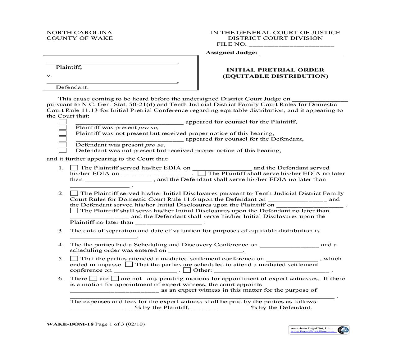 Initial Pretrial Order (Equitable Distribution) {WAKE-DOM-18} | Pdf Fpdf Doc Docx | North Carolina