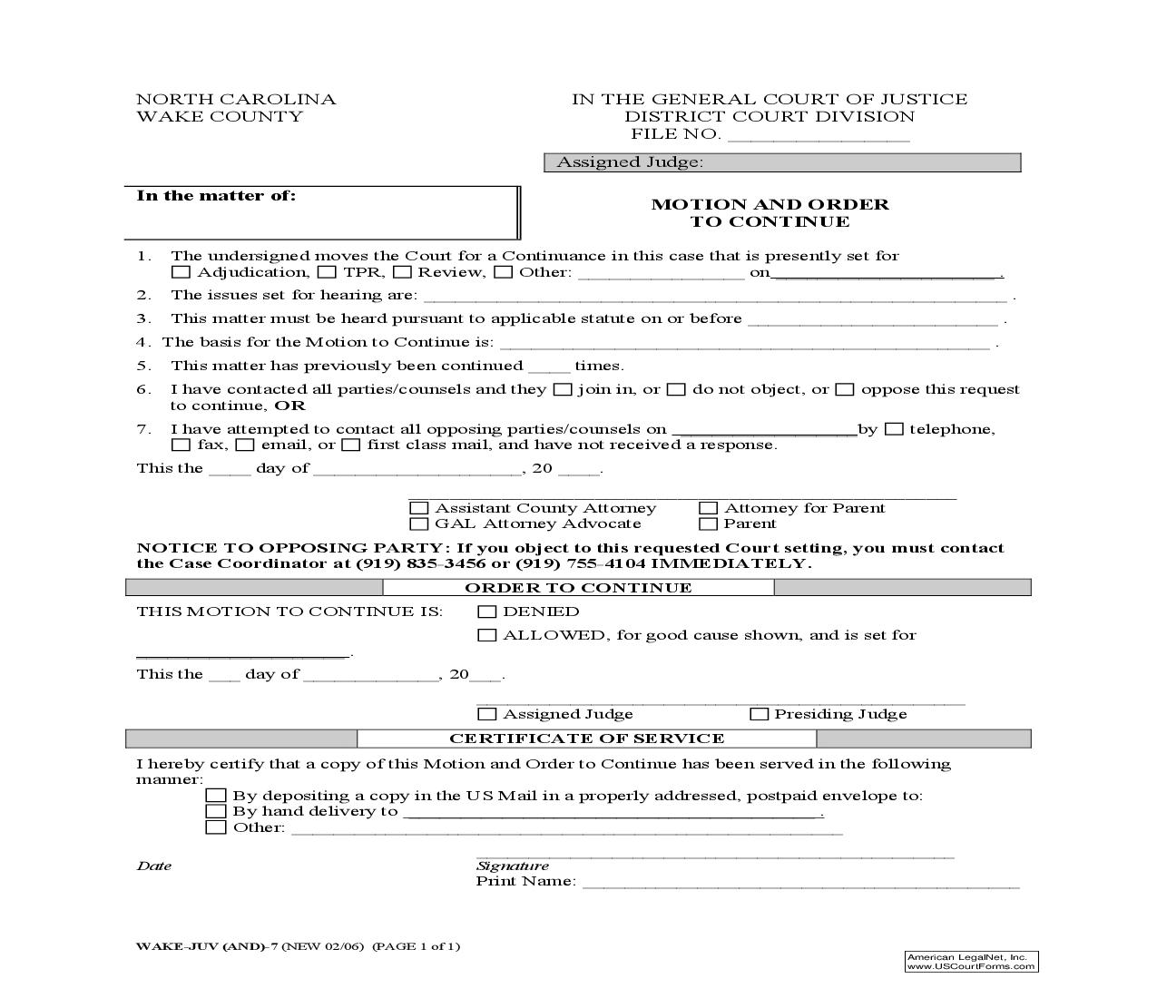 Motion And Order To Continue {WAKE-JUV-07} | Pdf Fpdf Doc Docx | North Carolina