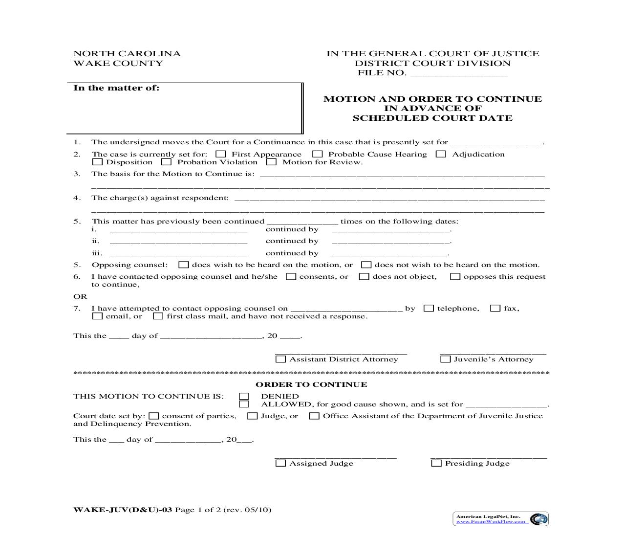 Motion And Order To Continue In Advance Of Scheduled Court Date {WAKE-JUV(D&U)-03} | Pdf Fpdf Doc Docx | North Carolina