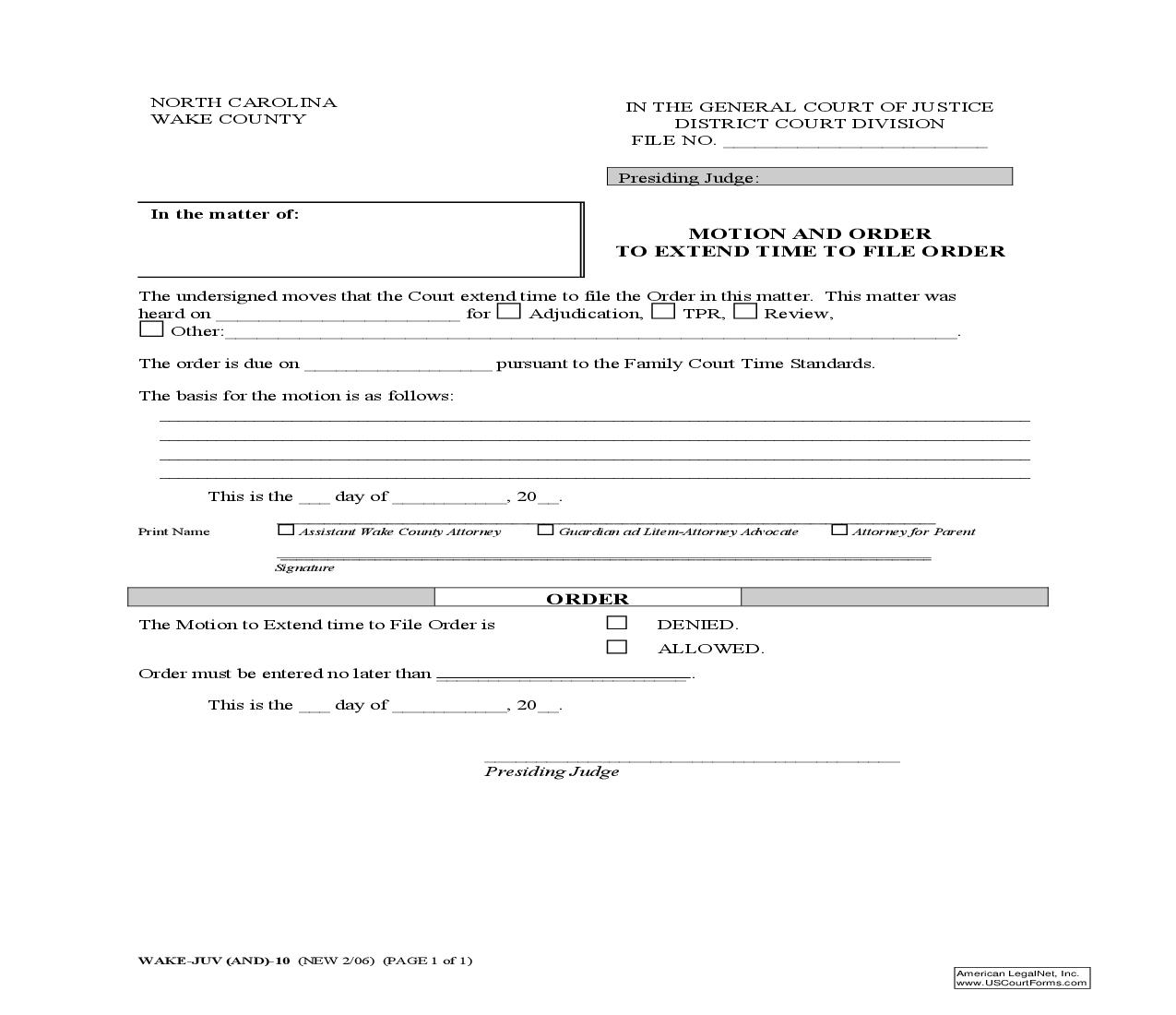 Motion And Order To Extend Time To File Order {WAKE-JUV-10} | Pdf Fpdf Doc Docx | North Carolina