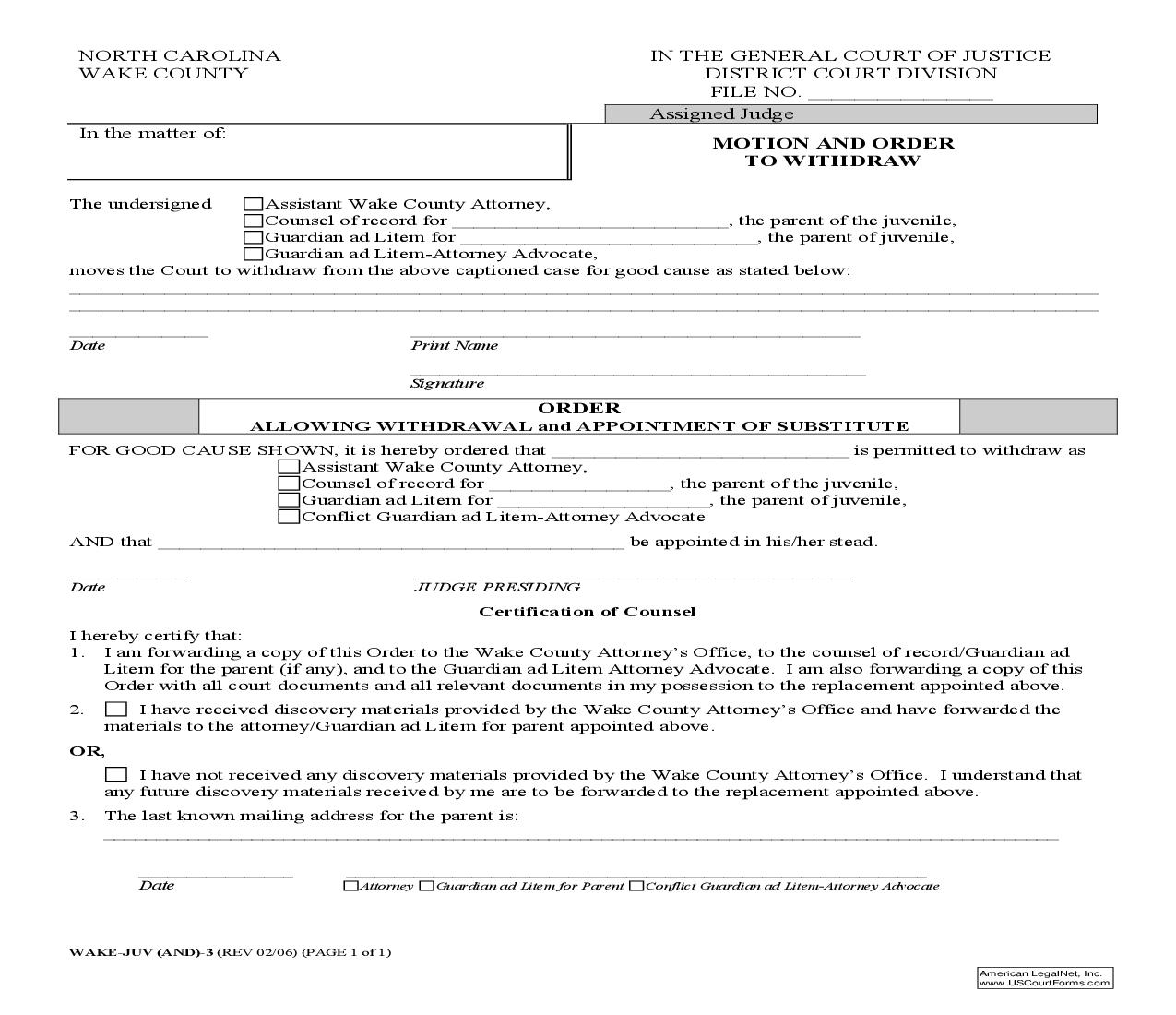 Motion And Order To Withdraw {WAKE-JUV-03} | Pdf Fpdf Doc Docx | North Carolina