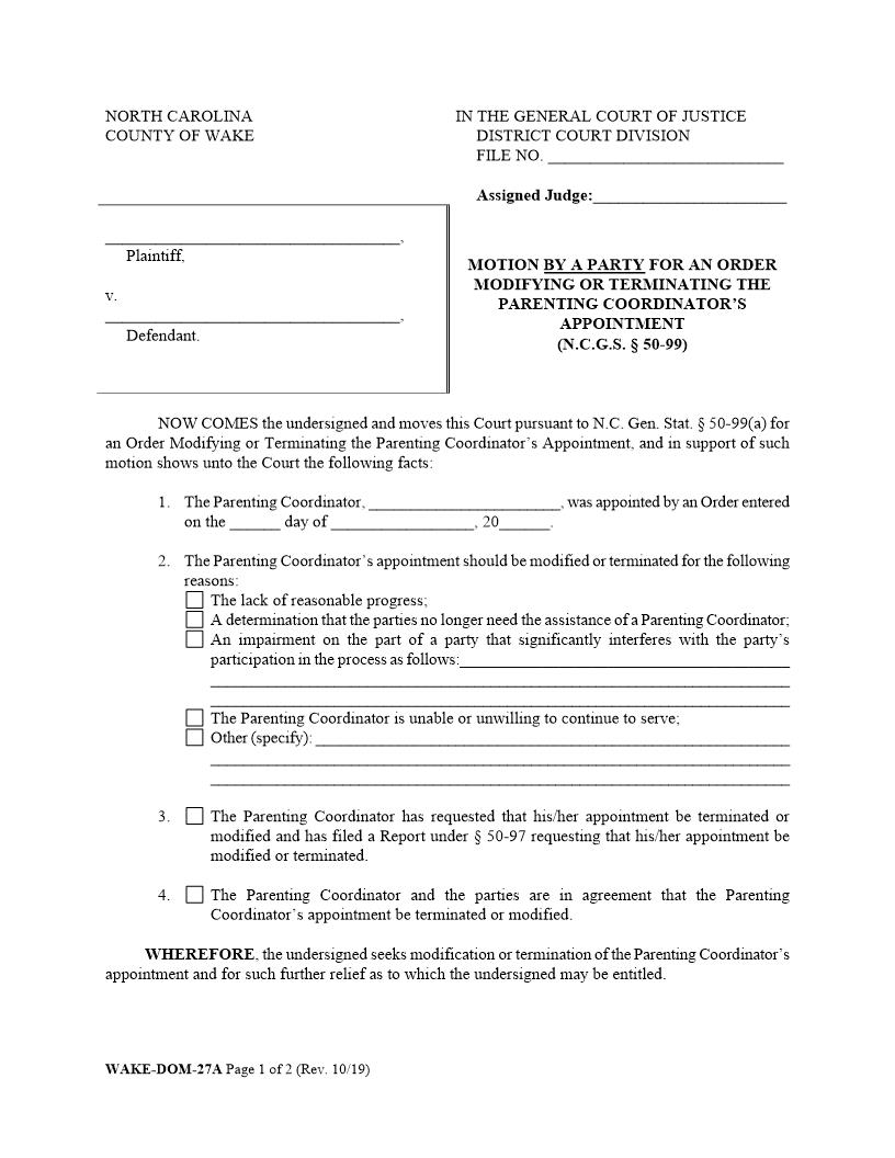Motion For An Order Modifying Parenting Coordinators Appointment {WAKE-DOM-27a} | Pdf Fpdf Doc Docx | North Carolina