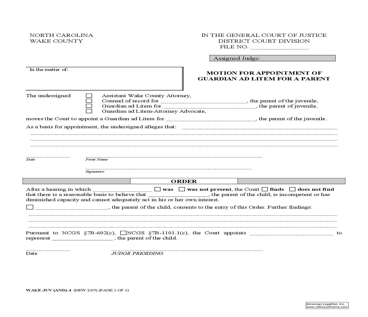 Motion For Appontment Of Guardian Ad Litem For A Parent {WAKE-JUV-04} | Pdf Fpdf Doc Docx | North Carolina