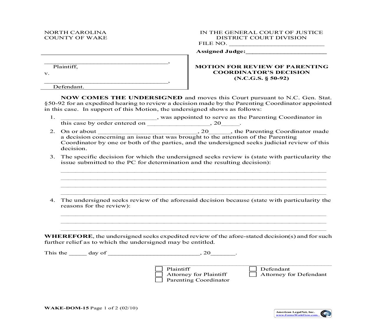Motion For Review Of Parenting Coordinators Decision {WAKE-DOM-15} | Pdf Fpdf Doc Docx | North Carolina