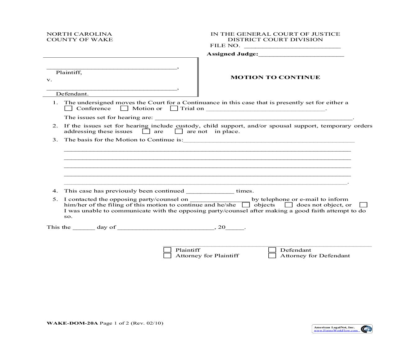 Motion To Continue {WAKE-DOM-20a} | Pdf Fpdf Doc Docx | North Carolina