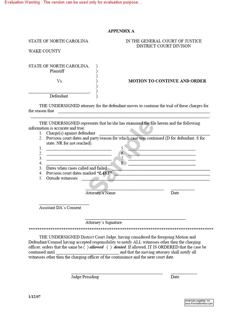 Motion To Continue And Order | Pdf Fpdf Doc Docx | North Carolina