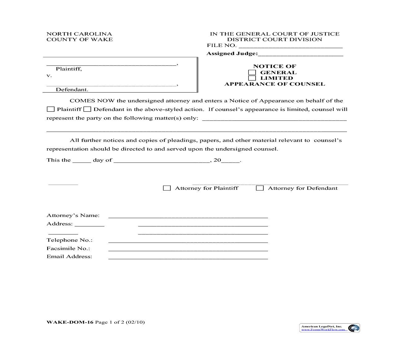 Notice Of Appearance Of Counsel {WAKE-DOM-16} | Pdf Fpdf Doc Docx | North Carolina