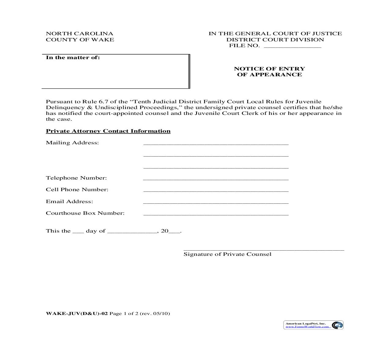 Notice Of Entry Of Appearance {WAKE-JUV(D&U)-02} | Pdf Fpdf Doc Docx | North Carolina