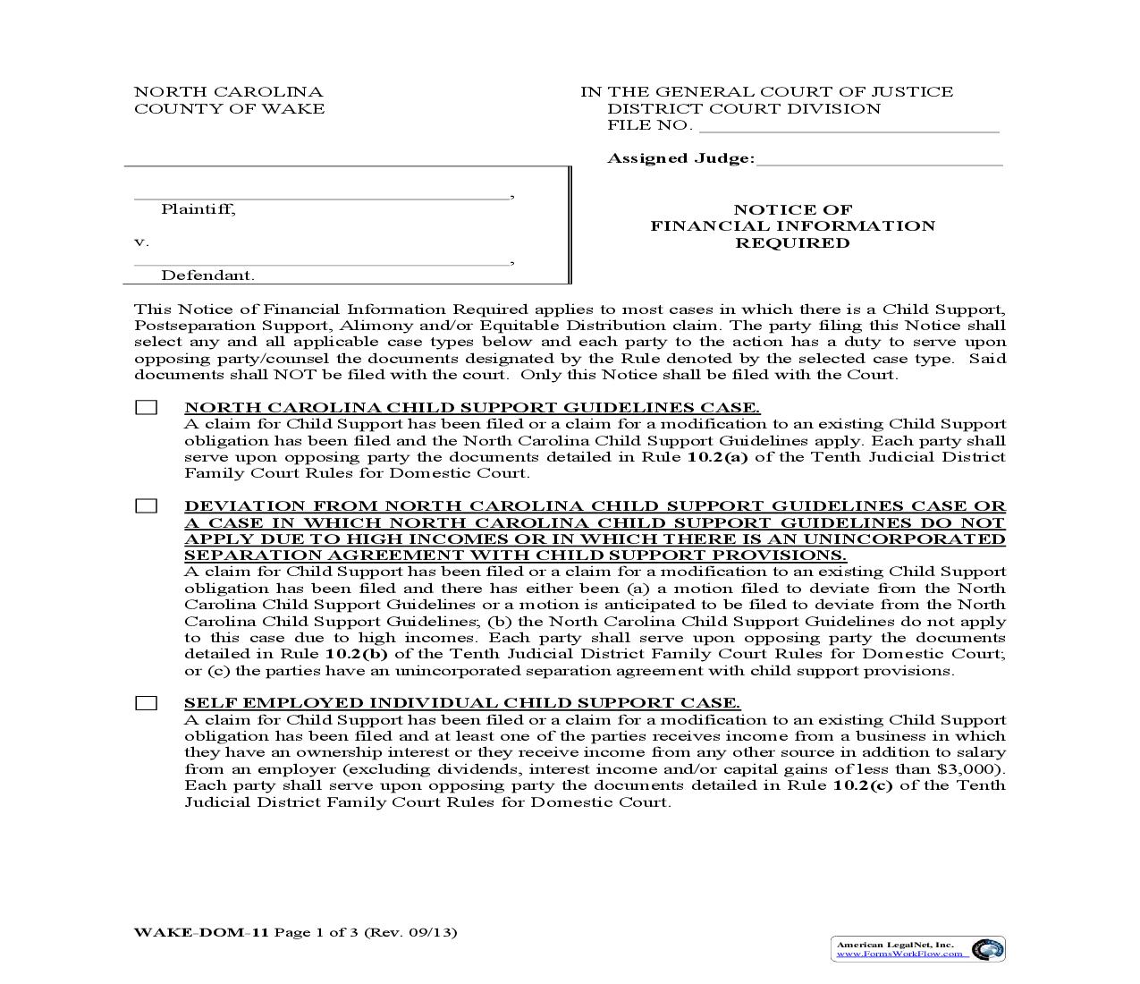 Notice Of Financial Information Required {WAKE-DOM-11} | Pdf Fpdf Doc Docx | North Carolina