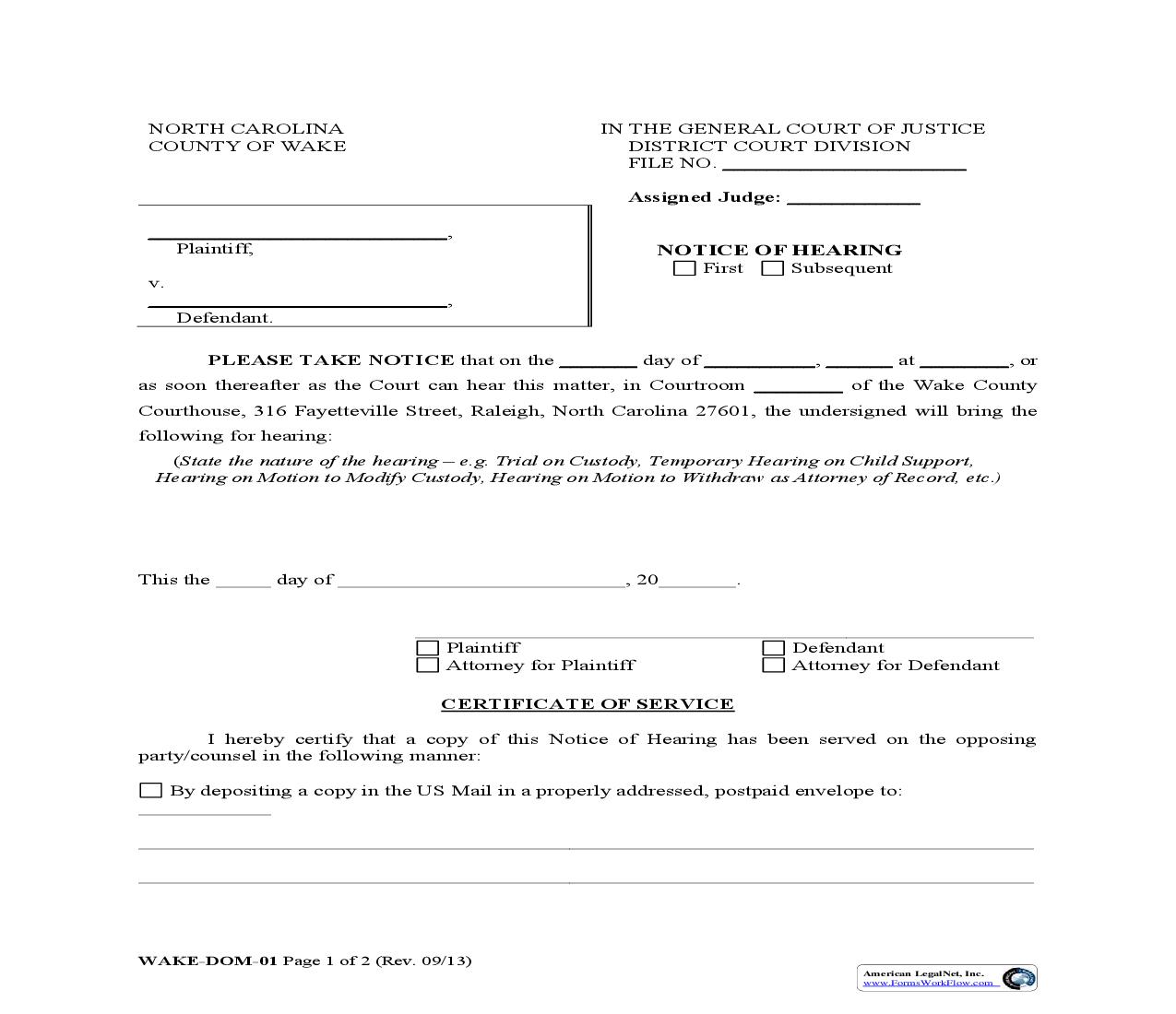 Notice Of Hearing {WAKE-DOM-01} | Pdf Fpdf Doc Docx | North Carolina