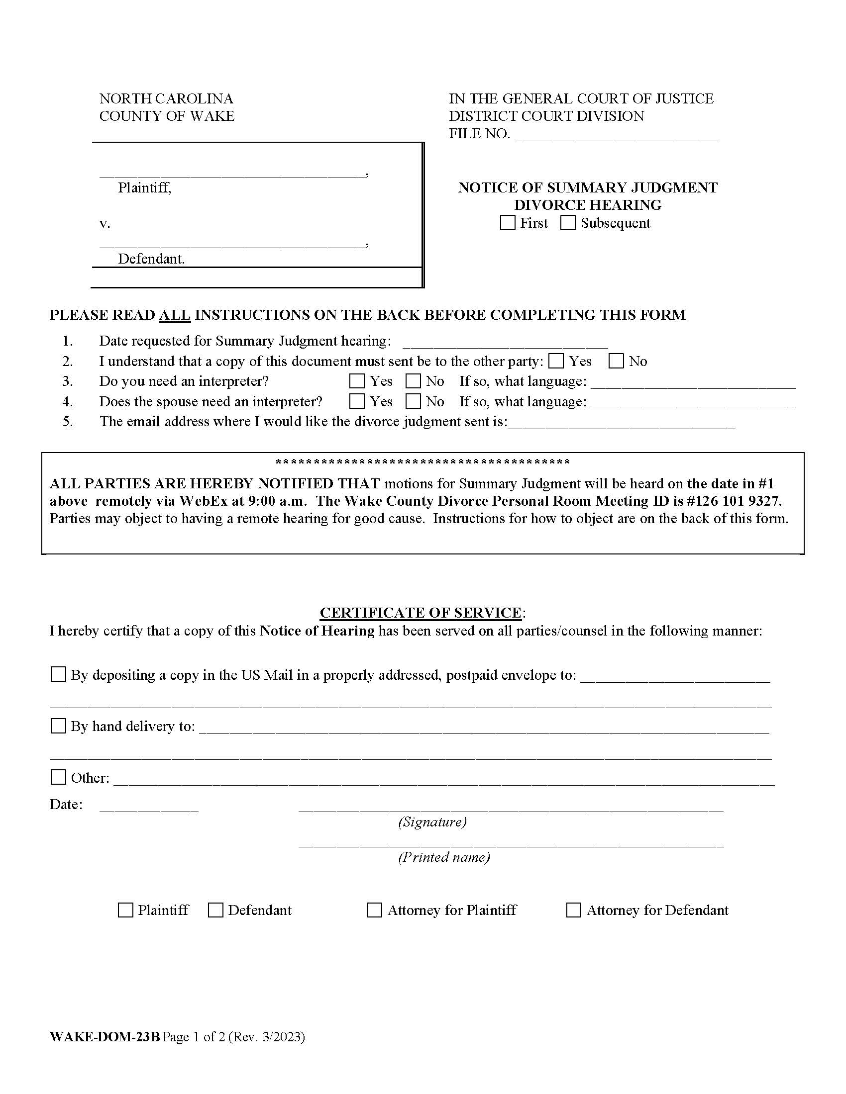 Notice Of Summary Judgment Divorce Hearing {WAKE-DOM-23B} | Pdf Fpdf Doc Docx | North Carolina
