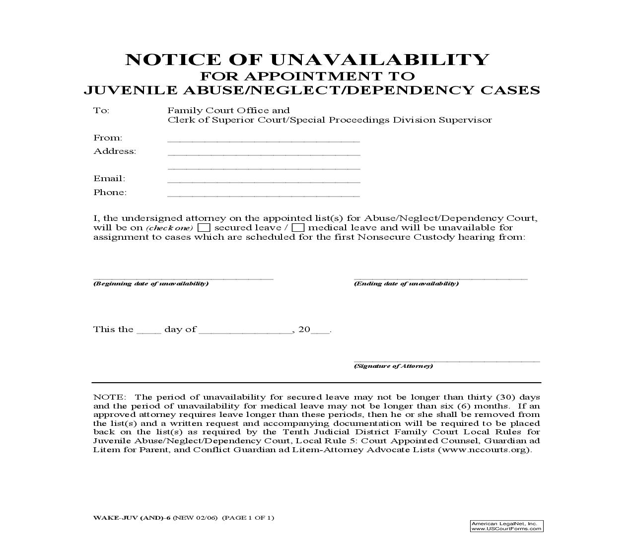 Notice Of Unavailability For Appointment To Juvenile Abuse Neglect Dependency Cases {WAKE-JUV-06} | Pdf Fpdf Doc Docx | North Carolina