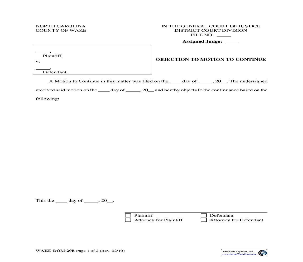 Objection To Motion To Continue {WAKE-DOM-20b} | Pdf Fpdf Doc Docx | North Carolina