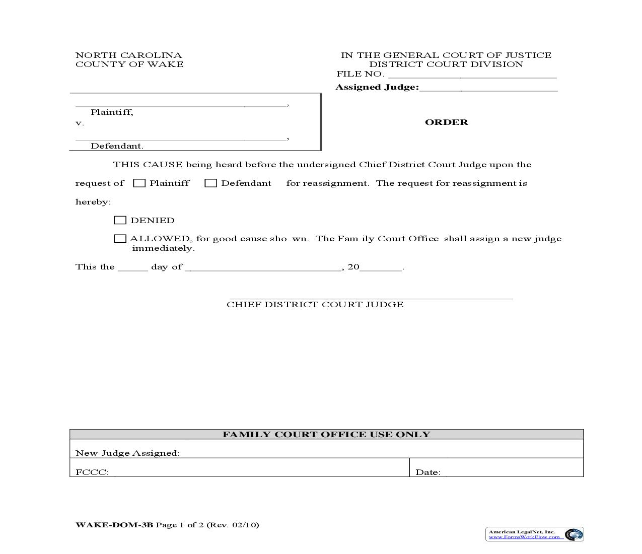 Order (Request For Reassignment) {WAKE-DOM-03B} | Pdf Fpdf Doc Docx | North Carolina