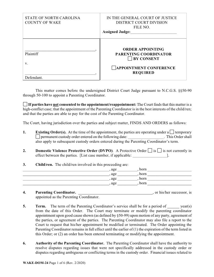 Order Appointing Parenting Coordinator {WAKE-DOM-24} | Pdf Fpdf Doc Docx | North Carolina