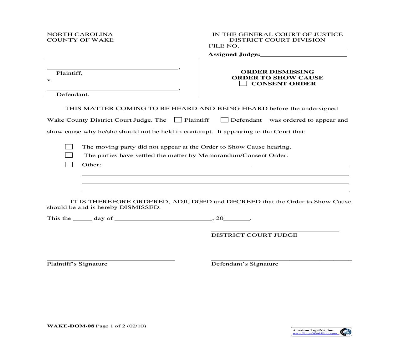 Order Dismissing Order To Show Cause {WAKE-DOM-08} | Pdf Fpdf Doc Docx | North Carolina