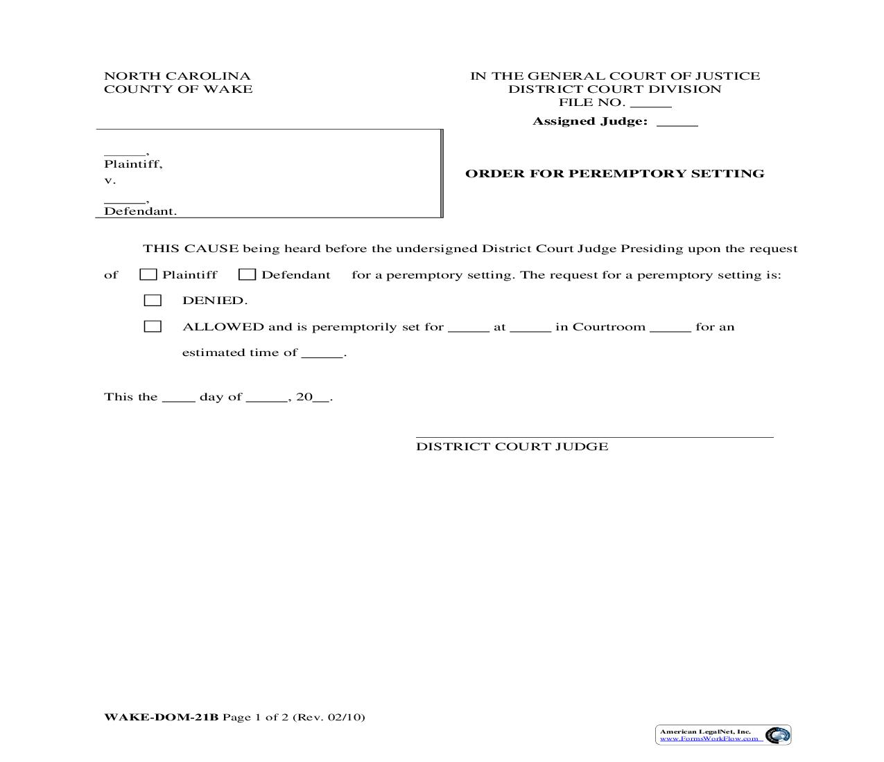 Order For Peremptory Setting {WAKE-DOM-21b} | Pdf Fpdf Doc Docx | North Carolina