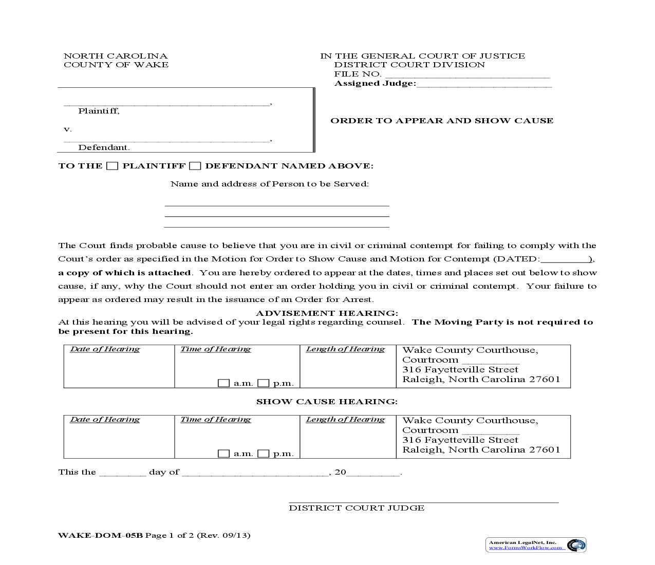 Order To Appear And Show Cause {WAKE-DOM-05b} | Pdf Fpdf Doc Docx | North Carolina