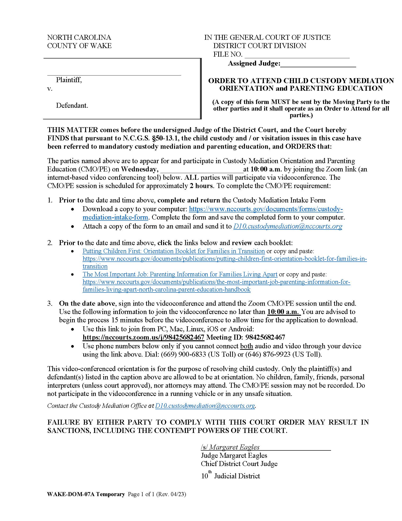Order To Attend Child Custody Mediation Orientation {WAKE-DOM-07A} | Pdf Fpdf Doc Docx | North Carolina