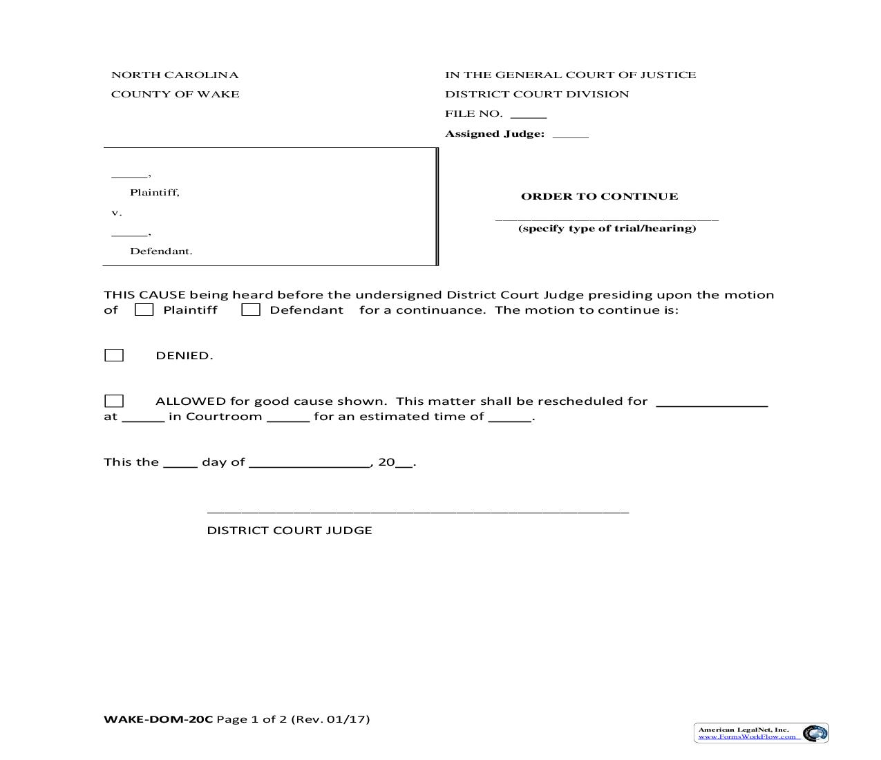 Order To Continue {WAKE-DOM-20c} | Pdf Fpdf Doc Docx | North Carolina