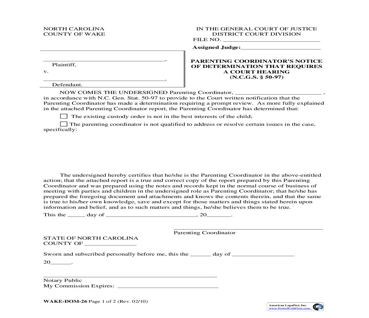 Parenting Coordinators Notice Of Determination That Requires A Court Hearing {WAKE-DOM-26} | Pdf Fpdf Doc Docx | North Carolina