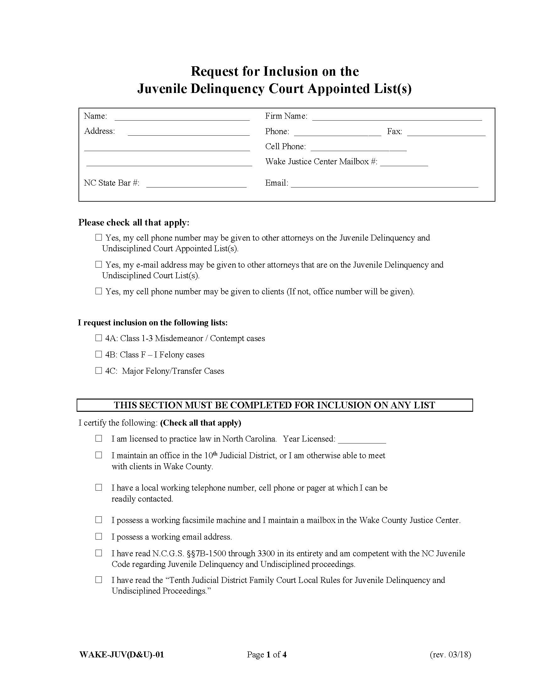 Request For Inclusion On The Juvenile Delinquency And Undisciplined Court Appointed List(s) {WAKE-JUV(D&U)-01} | Pdf Fpdf Doc Docx | North Carolina