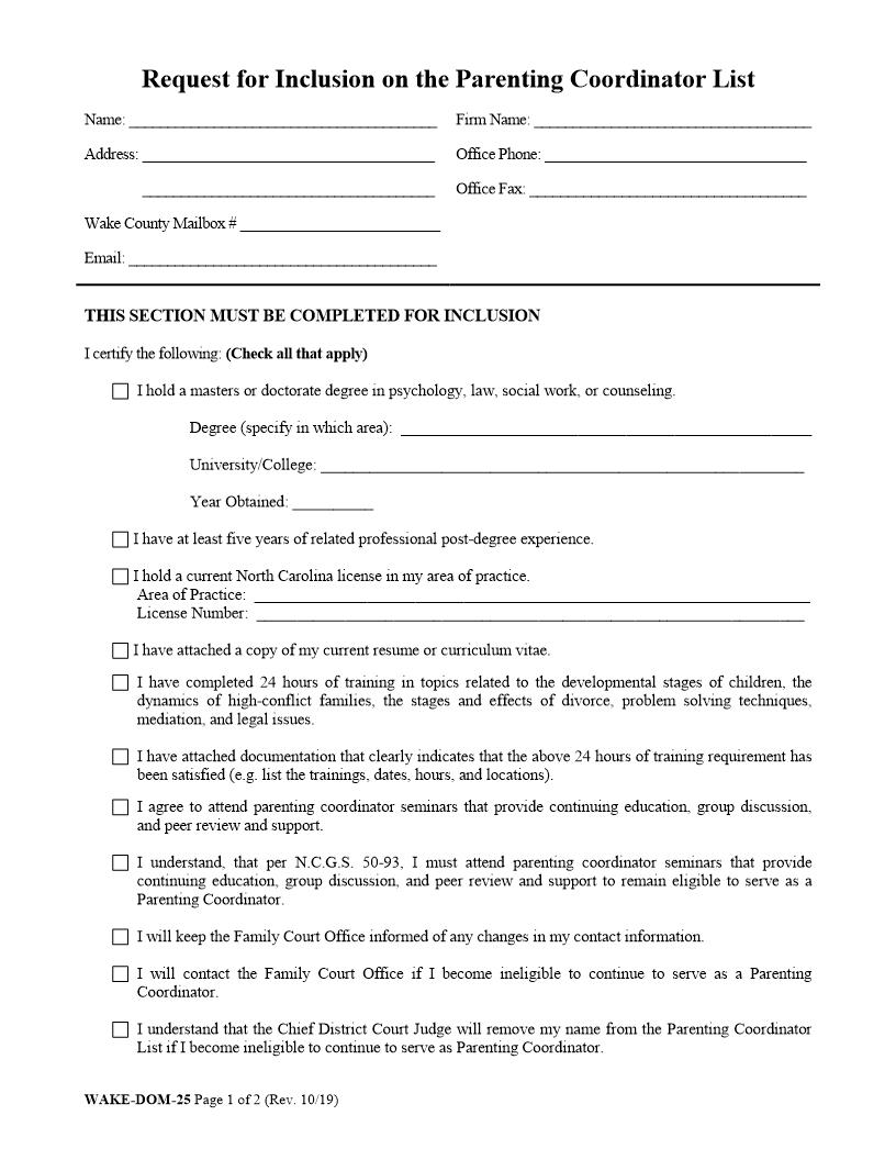 Request For Inclusion On The Parenting Coordinator List {WAKE-DOM-25} | Pdf Fpdf Doc Docx | North Carolina