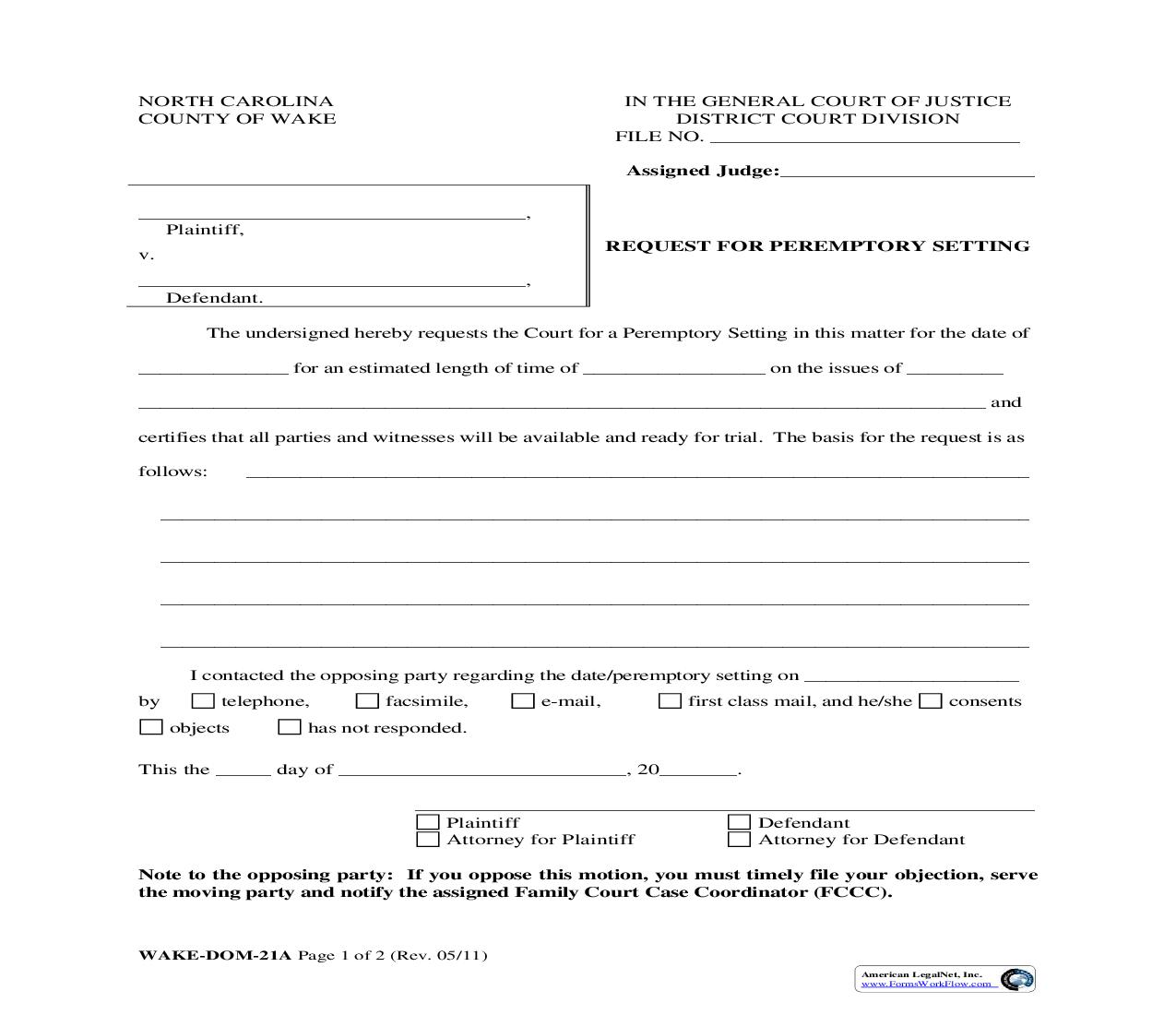 Request For Peremptory Setting {WAKE-DOM-21a} | Pdf Fpdf Doc Docx | North Carolina